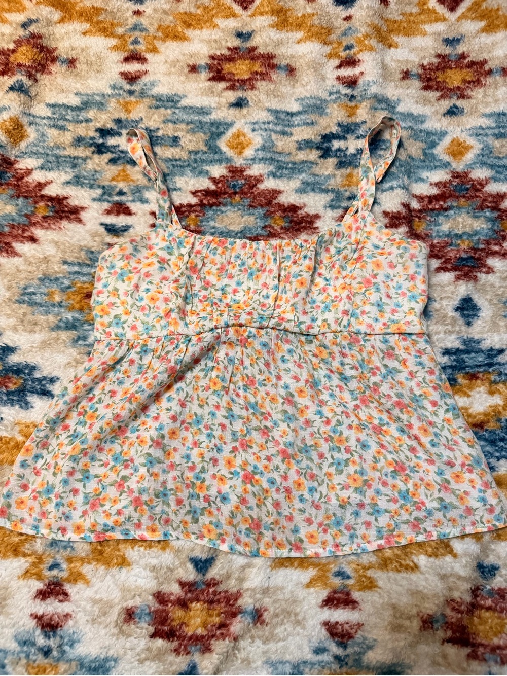 Floral Smocked Crop Tank Top - White with Orange & Blue Flowers
